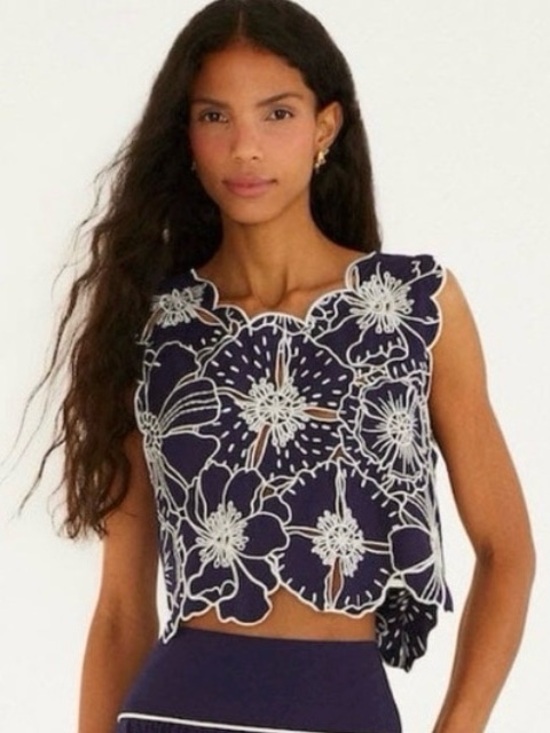 FARM Rio Tops - FARM Rio Navy Crop Top with White Floral Embroidery